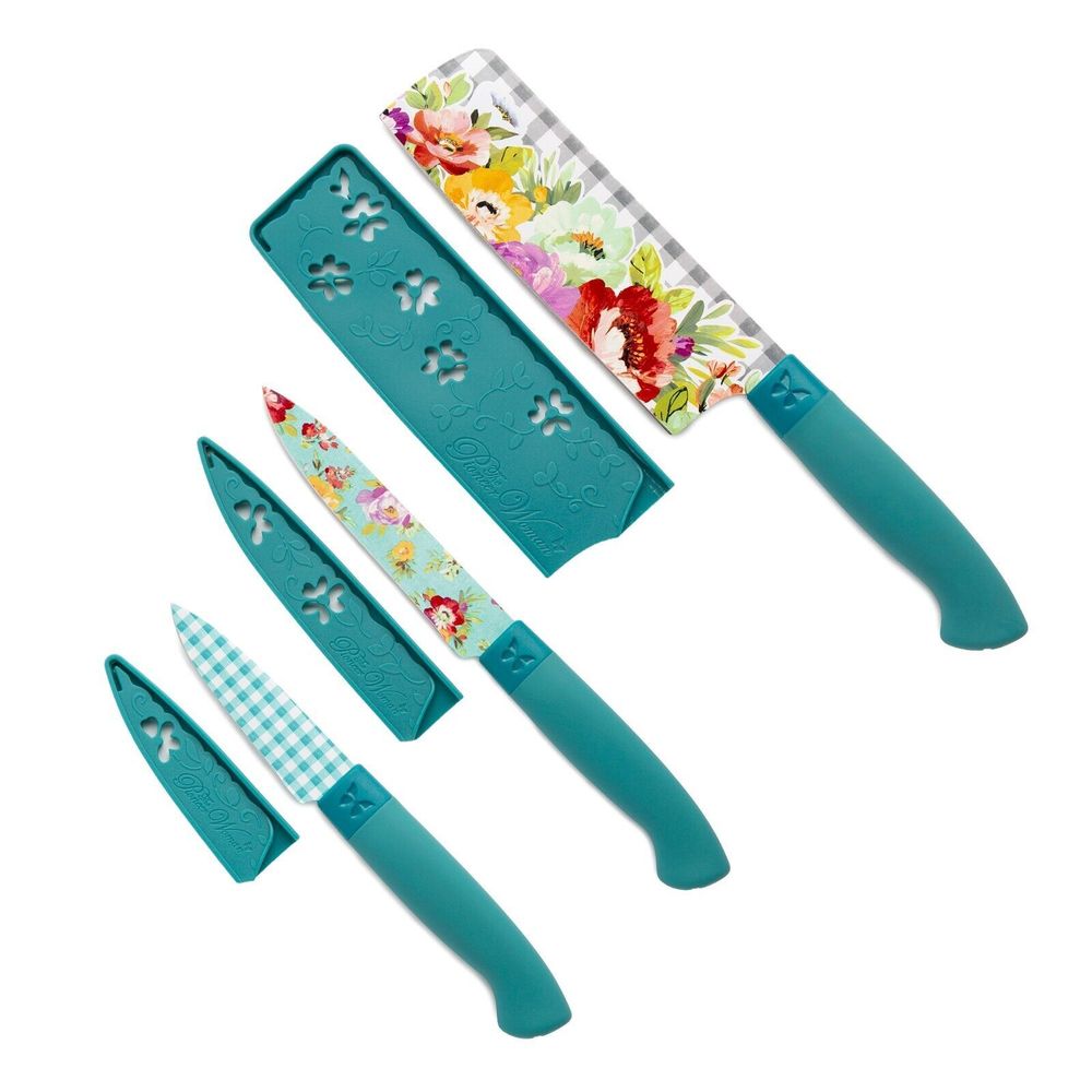 Pioneer Woman Sweet Romance Stainless Steel Knife 3Pc Set W Sheath Floral Green